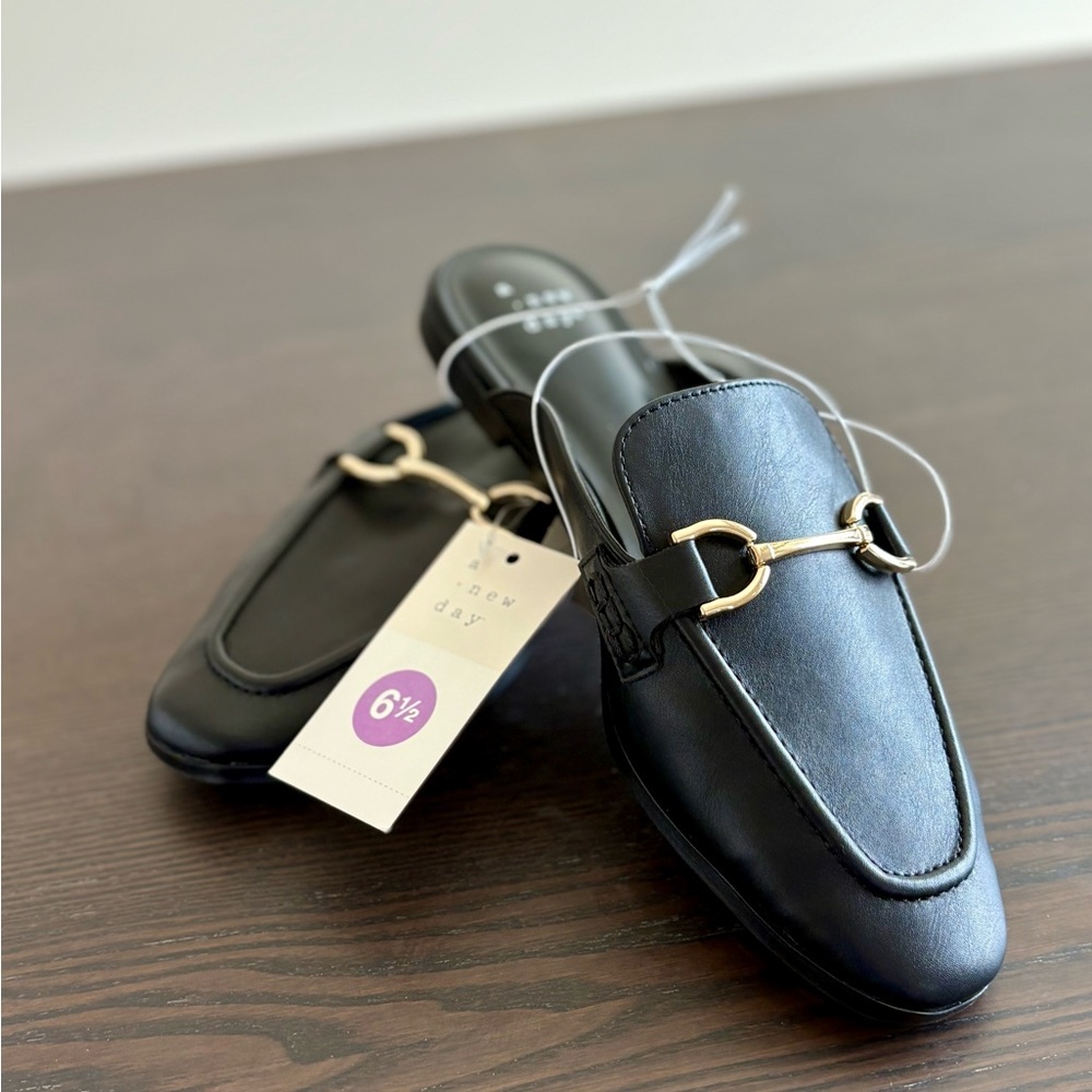 a new day Black Loafers with Gold Detail